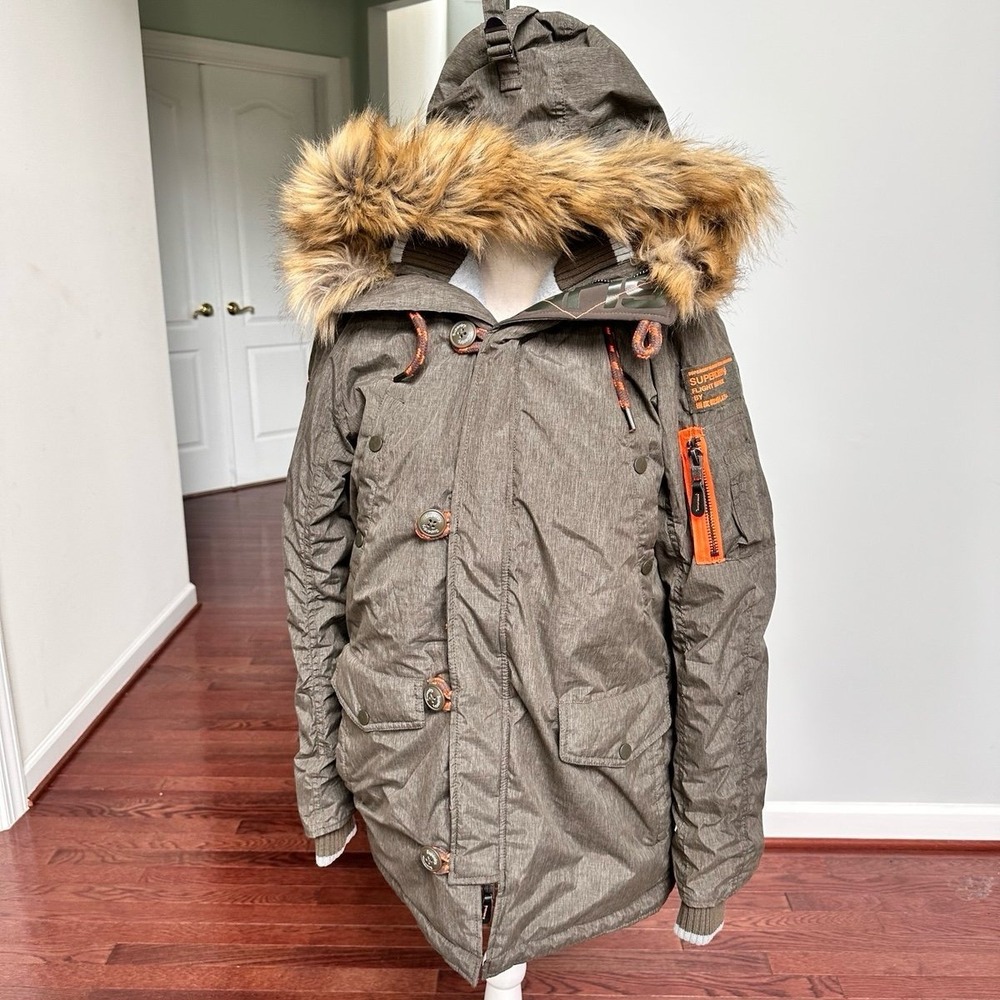Superdry + MicroFibre The SD3 Parka Army Green Grey Faux Fur Lined Hood Large